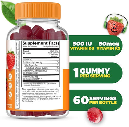 Lifeable Kids Vitamin D3 K2 Gummies | 500iu D3 and K2 100mcg | Great Tasting D3 and K2 Supplements | for Bone Health and Immunity | VIT D3 K2 for Kids | 60 Gummies