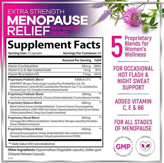 Menopause Supplements for Women - Hot Flash Night Sweats & Menopause Relief Pills - Probiotic Blend 8 Billion CFU Per Serving with Dong Quai & Black Cohosh - Vaginal, Digestive Support - 120 Capsules