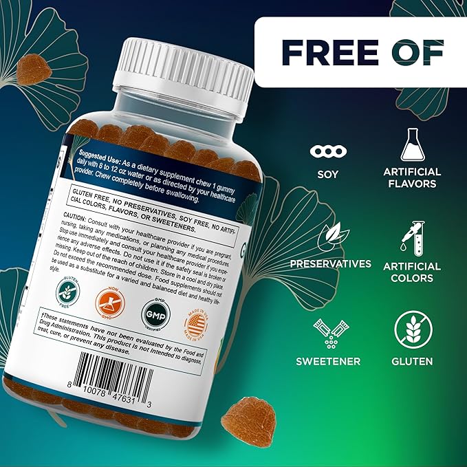 Vitamatic Ginkgo Biloba & Bacopa Gummies – Plant-Based Botanical Extract – Natural Peach Flavor – Vegan, Non-GMO, Gluten-Free – Herbal Supplement – 60 Count - 2 Pack (120 Count)