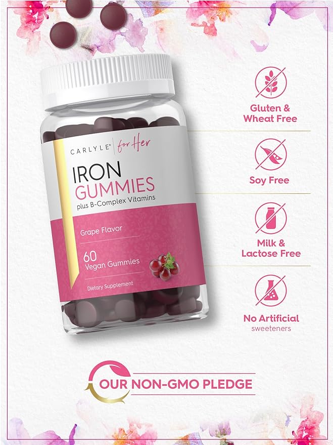 Carlyle Iron Gummies for Women | 60 Vegan Gummies | Plus B-Complex Vitamins | Grape Flavor | Non-GMO, Gluten Free Supplement