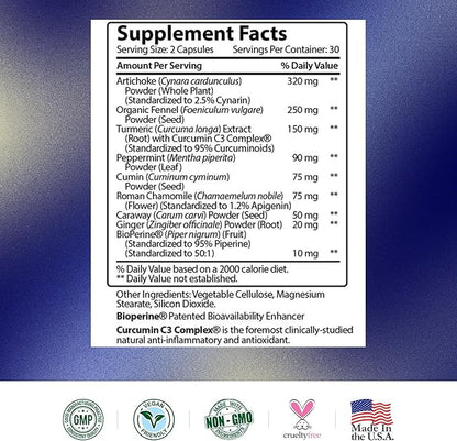 Research Verified Gas and Bloating - Relax Intestinal Muscles, Eliminate Gas Buildup - Artichoke Powder, Ginger, Peppermint Leaf Powder - 360 Capsules - Vegan