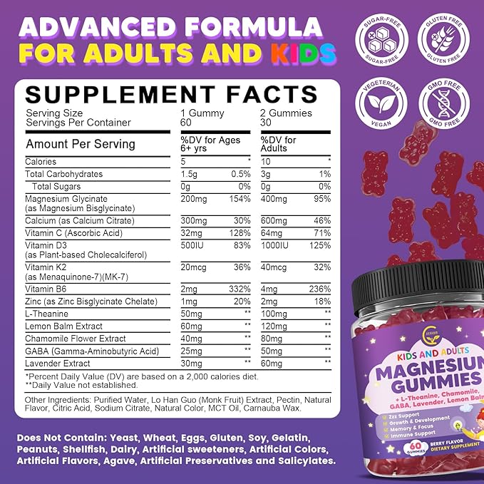 (2 Pack) Magnesium Glycinate Gummies for Kids & Adults, Sugar Free Magnesium Glycinate 400/200mg Supplement with Chamomile, Lavender, L-Theanine & GABA, B6, D3 & K2 for Relax, Brain, Immune Support