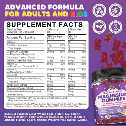 (2 Pack) Magnesium Glycinate Gummies for Kids & Adults, Sugar Free Magnesium Glycinate 400/200mg Supplement with Chamomile, Lavender, L-Theanine & GABA, B6, D3 & K2 for Relax, Brain, Immune Support