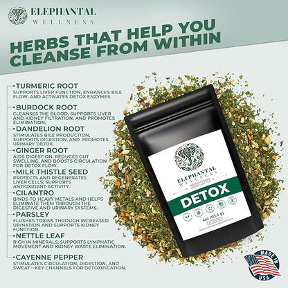 Elephantal Wellness Premium Detox Herbal Tea | Daily Liver, Kidney, Blood & Digestive Support with Turmeric, Milk Thistle, Dandelion & Burdock | Non-GMO, Handmade, Caffeine-Free Loose Leaf Blend - 4oz, 40 Servings