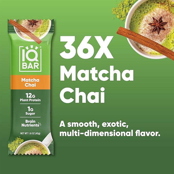 IQBAR Clean Plant Protein Bars - Matcha Chai - 36 Count - Keto, Vegan, High Fiber, Gluten and Dairy Free, Low Sugar Snack - Brain and Body Nutrients for Focus, Energy, Meal Replacement
