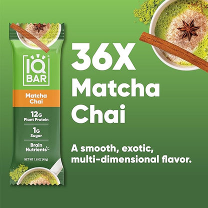 IQBAR Clean Plant Protein Bars - Matcha Chai - 36 Count - Keto, Vegan, High Fiber, Gluten and Dairy Free, Low Sugar Snack - Brain and Body Nutrients for Focus, Energy, Meal Replacement