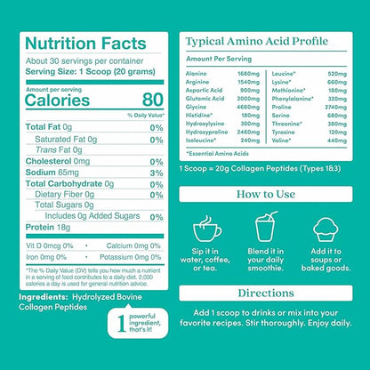 Further Food Unflavored Collagen Peptides Powder - 100% Grass-Fed, Hydrolyzed Type 1 & 3, 20g of Collagen per Serving, Supports Skin, Hair, Nails & Joints, 21.16 Oz