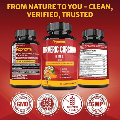Turmeric Curcumin Extract Capsules - 90 Counts 3 Month Supply - Blended Ashwagandha, Moringa, Ginger & More - Immunity, Joint, Digestive & Wellness Support