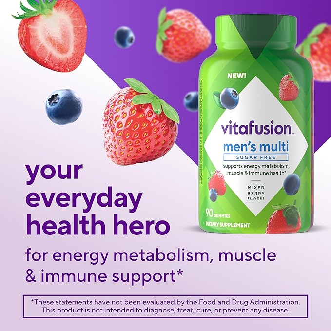 vitafusion Sugar Free Men’s Multi Daily Gummy Multivitamins, Supports Energy Metabolism, Muscle and Immune Health (1), Mixed Berry Flavors, 90 Count