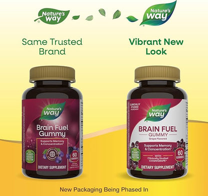 Nature's Way Brain Fuel, Supports Memory and Concentration*, Brain Function Support Supplement*, Clinically Studied Cognigrape®, Grape Flavored, 60 Gummies,(Pack of 2)