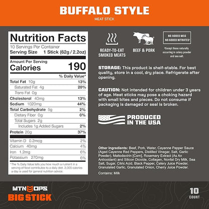 MTN OPS Big Stick High Protein Meat Sticks - 20g Protein, 10% Collagen - Buffalo Style Flavor - Individually Wrapped Beef Snacks - 10 Count Carton