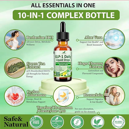GLP-1 Support Liquid Drops, 10-in-1 Formula with Berberine, Ceylon Cinnamon, Prebiotic Fiber & Green Tea Extract | Support Healthy Metabolism, Digestive & Gut Health for Women & Men | Vegan, Non-GMO