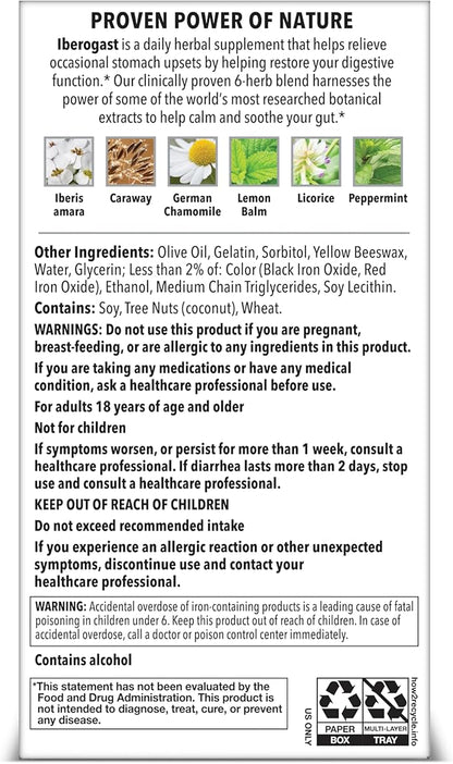 Iberogast Softgels, Herbal Relief of Stomach Upsets: Occasional Indigestion, Bloating, Gas, Nausea, Upset Stomach; 6-Herb Blend with Iberis Amara, Peppermint, Licorice, Lemon Balm; 30ct