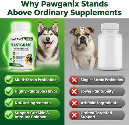 Probiotics for Dogs – Daily Support for Yeast Infection & Itchy Skin, Allergy, Paw Licking & Itchy Ears Relief – Pawganix YeastGuard Supplement (60 Chewable Tablets)