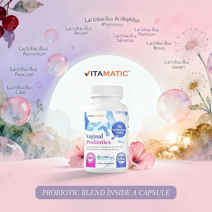 Vitamatic Vaginal Probiotics for Women – 20 Billion CFU, pH Balance & Odor Control, 60 DR Capsules with Prebiotics, Cranberry, D-Mannose, Hibiscus & Dandelion – Feminine Health & Daily Support*