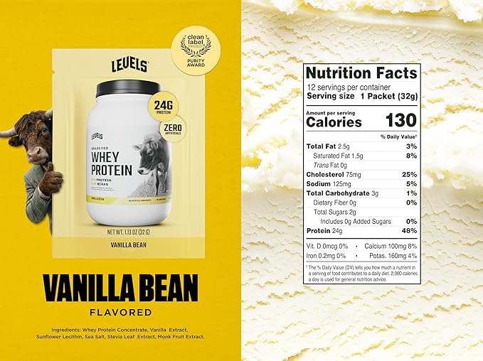 Levels Grass Fed Whey Protein Powder, No Artificials, 24G of Protein, Vanilla Bean, 12 Count