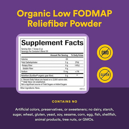 Natural Factors Organic Low FODMAP Reliefiber Powder - Digestive Health Support Supplement with Dietary & Soluble Fiber - Gut Health Support Aids Mild Bloating - Unflavored, 5.3 oz (30 Servings)