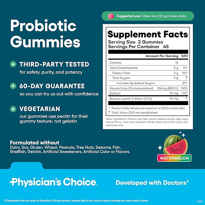 Physician’s Choice Probiotic Gummies with Vitamin D & Prebiotic Fiber - Sugar Free - 1B CFUs of Clinically Studied Probiotic - Supports Immune & Gut Health for Adults - Watermelon Flavor - 90CT 2-pack