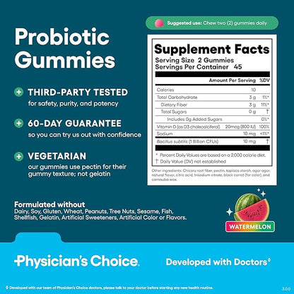 Physician’s Choice Probiotic Gummies with Vitamin D & Prebiotic Fiber - Sugar Free - 1B CFUs of Clinically Studied Probiotic - Supports Immune & Gut Health for Adults - Watermelon Flavor - 90CT 2-pack