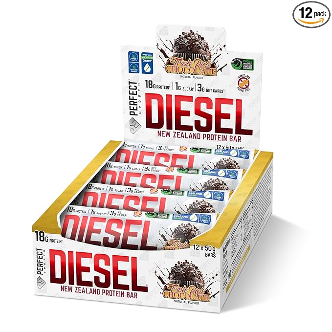 PERFECT SPORTS Diesel New Zealand Whey Protein Bars | Stevia Sweetened, No Artificial Flavors | Low Sugar, 18g Protein | 12 Pack (Triple Rich Chocolate)