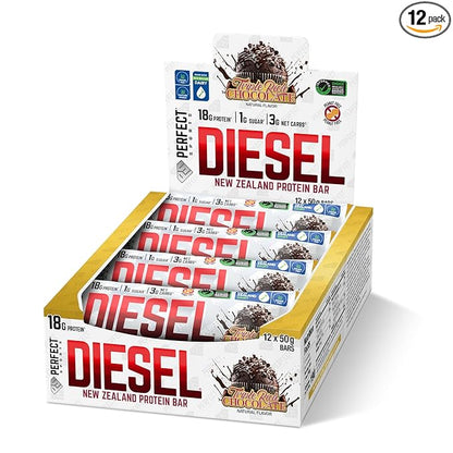 PERFECT SPORTS Diesel New Zealand Whey Protein Bars | Stevia Sweetened, No Artificial Flavors | Low Sugar, 18g Protein | 12 Pack (Triple Rich Chocolate)