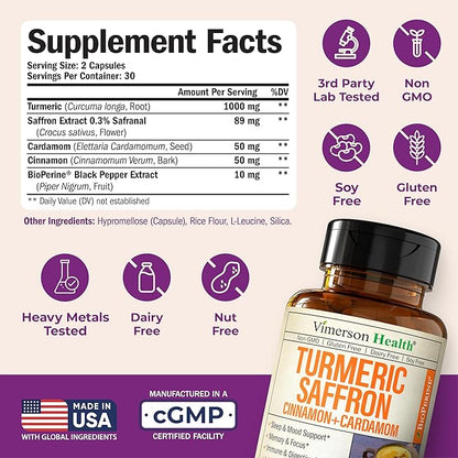 Saffron Supplements – 89mg Saffron Extract, 1000mg Turmeric Curcumin, Ceylon Cinnamon & Cardamom – Daily Mood, Joint & Metabolic Support – Joint Supplements for Women & Men – 60 Capsules, 2 Pack