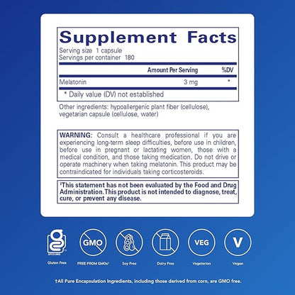 Pure Encapsulations Melatonin 3 mg - Antioxidant Supplement to Support Natural Sleeping & Relief of Occasional Sleeplessness - for Natural Sleep Support* - 180 Capsules