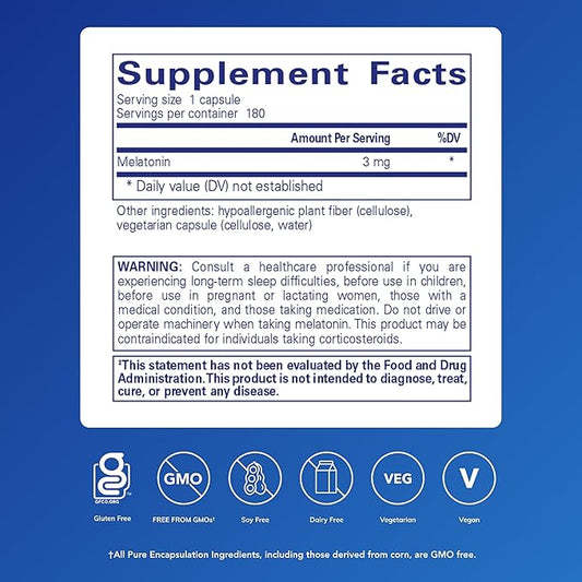 Pure Encapsulations Melatonin 3 mg - Antioxidant Supplement to Support Natural Sleeping & Relief of Occasional Sleeplessness - for Natural Sleep Support* - 180 Capsules