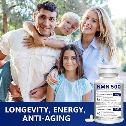 NMN 500mg Per Serving Maximum Strength - 99% Pure NMN (Nicotinamide Mononucleotide) for NAD, Cell, Immune, Energy, Anti-Aging & Longevity, Stabilized NMN Supplements 500mg - 60 Veggie Capsules