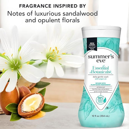 Summer's Eve Essential Botanicals All-Over Daily Feminine Wash with Argan Oil, Gentle pH-Balanced Body Wash for Women, Removes Vaginal Odor and Refreshes, 12 Fl Oz (Pack of 2)