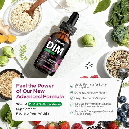 DIM Liquid Drops Supplement Women – Hormone Harmony for Women & Acne Supplements with Multivitamins, Inositol, Sulforaphane - Hormone Balance, Clear Skin & Mood Support, Mixed Berry Flavor 2 Fl Oz
