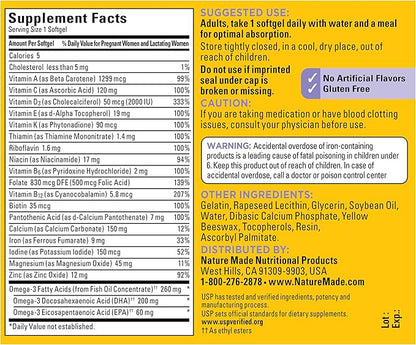 Nature Made Postnatal Multivitamin + DHA 200 mg, Postnatal Vitamins for Women, Includes Iron, Vitamin D3, Calcium, Iodine & More for Breastfeeding Moms, 60 Softgels