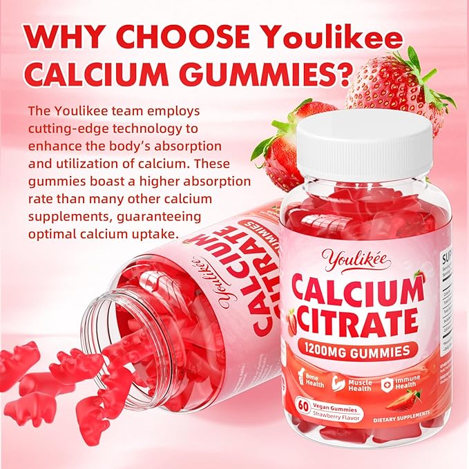 2 Pack Calcium Citrate Gummies 1200 mg, Calcium Supplement for Women & Men, Ultimate Absorption Calcium Gummies for Bone, Muscle & Immune Support, Strawberry Flavor, 120 Count