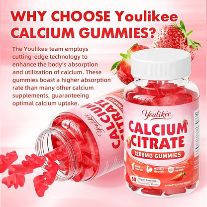 2 Pack Calcium Citrate Gummies 1200 mg, Calcium Supplement for Women & Men, Ultimate Absorption Calcium Gummies for Bone, Muscle & Immune Support, Strawberry Flavor, 120 Count