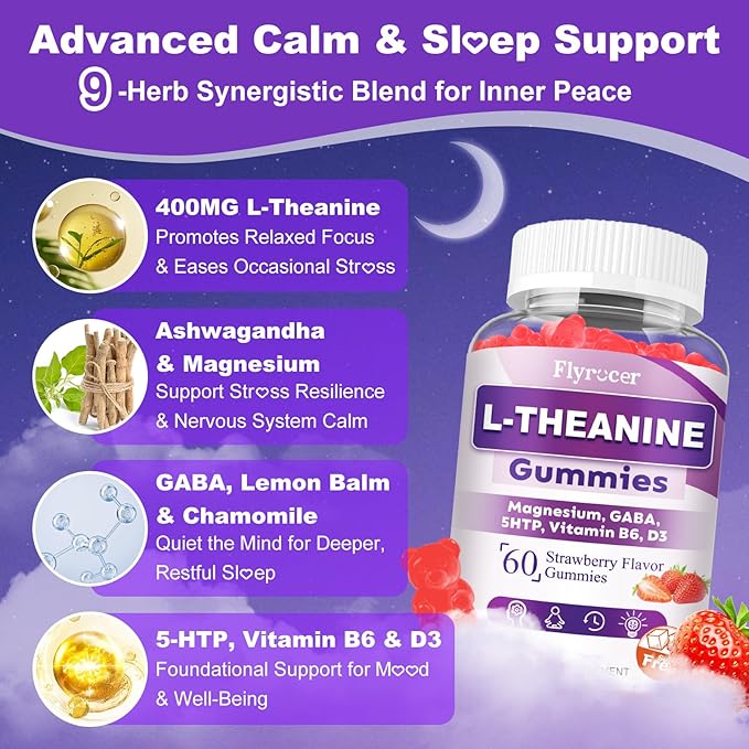 Sugar Free L-Theanine Gummies, L Theanine Supplement for Adults & Kids, L'Theanine with Ashwagandha, Magnesium, 5HTP & GABA - Support Calm, Relax, zzZ, Focus, Vegan Strawberry Flavor, 60 Count