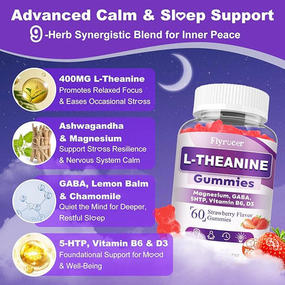 Sugar Free L-Theanine Gummies, L Theanine Supplement for Adults & Kids, L'Theanine with Ashwagandha, Magnesium, 5HTP & GABA - Support Calm, Relax, zzZ, Focus, Vegan Strawberry Flavor, 60 Count
