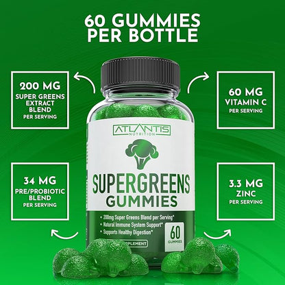 Atlantis Nutrition Supergreens Gummies - Daily Green Superfoods Supplement with Spinach, Broccoli, Moringa, Beet Root, Celery, Green Tea, & Acai for Immunity Support - Natural Raspberry Flavor, 60 cnt