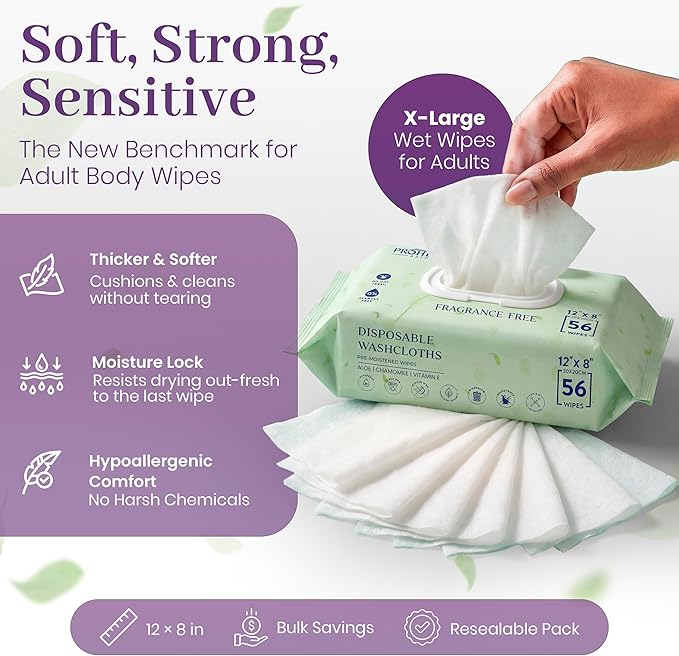 X Large Wet Wipes for Adults - 4 Packs of 56 [224 Count] Disposable Incontinence Wipes, 12" x 8" Adult Wipes for Elderly - Personal Body Wipes for Women and Men, Pre Moistened Adult Washcloths