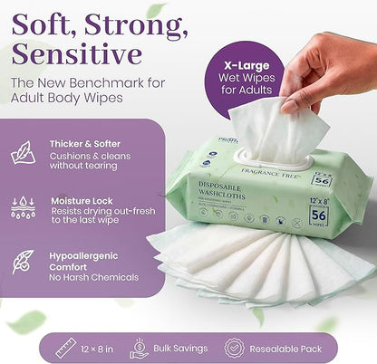 X Large Wet Wipes for Adults - 2 Packs of 56 [112 Count] Disposable Incontinence Wipes, 12" x 8" Adult Wipes for Elderly - Personal Body Wipes for Women and Men, Pre Moistened Adult Washcloths