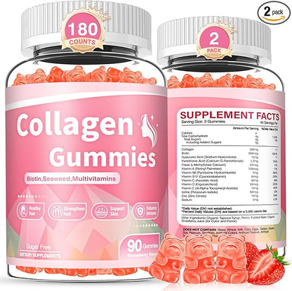 180 Count Collagen Gummies Collagen Protein Type I II III V X with Biotin Vitamin C A B D E Keratin Hyaluronic Acid for Hair Skin Nails Joint Immune Digestion Women Men Sugar Free Strawberry