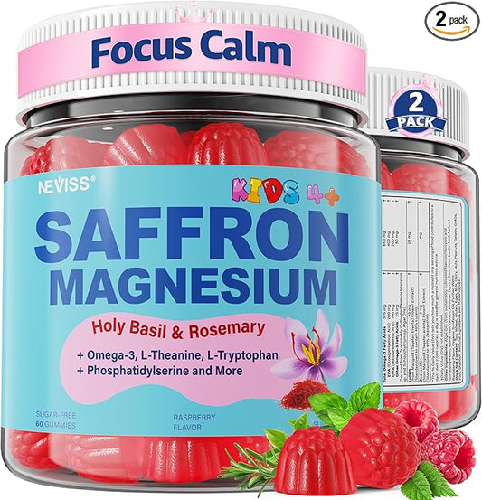 Saffron +Magnesium Glycinate +Omega-3 - Calm Focus Gummies for Kids 4+, Saffron Extract Supplement with L-Theanine, Holy Basil, Rosemary, B6, D3 for Happy Mood, Cognition, ZZz, Sugar Free, 2 Pack