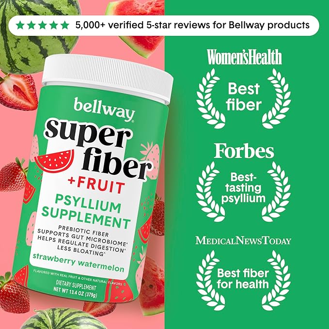 Bellway Super Fiber Powder + Fruit, Sugar Free Organic Psyllium Husk Powder Fiber Supplement for Regularity, Bloating Relief & Digestive Health, Plant-Based, Strawberry Watermelon (50 Servings)