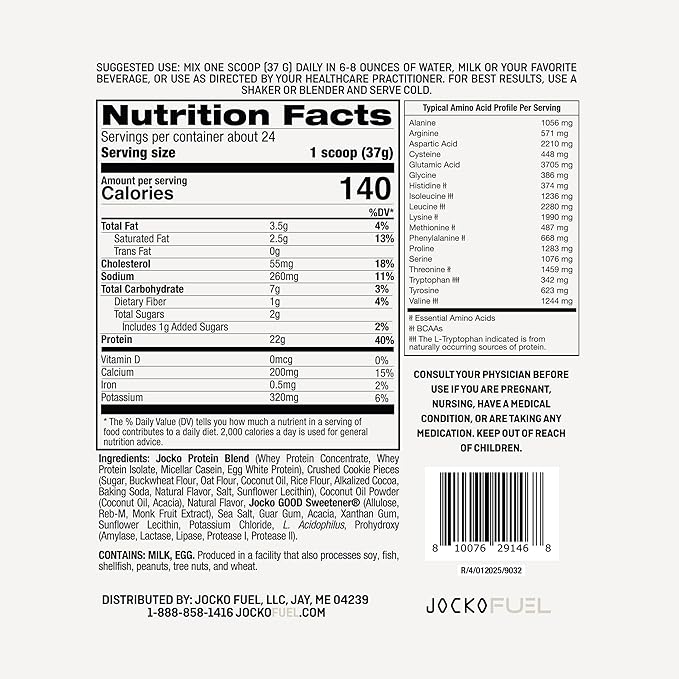 Jocko Fuel Whey Protein Powder, Cookies & Cream, 22g Protein, Digestive Enzymes + Probiotic Blend, No Sugar Added, with Essential Amino Acids + Electrolyte Minerals, 24 Servings