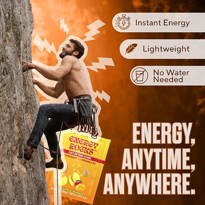 Caffeine Candy - Popping Energy Candy Crystals, 100mg Caffeine, L-Theanine & B12 - Fast Energy, No Drink Needed - Coffee Alternative 15-Pack (Pineapple Mango)