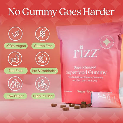 Rizz Sugar-Free Green Gummies - 60+ Superfoods 6g Fiber - Prebiotic and Probiotic Gummies - Vegan Multivitamins for Women & Men - Gluten Free - Mushroom, Fruit and Vegetable Supplements -30 Day Supply
