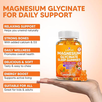 Lofux Magnesium Glycinate Gummies 400mg, Sugar Free Magnesium Gummies for Adults Women, Men, Chewable Supplement Gummy with L-Threonate, Vitamin D, B6, CoQ10 - for Calm, Sleep, Body Relaxation, 60 Ct