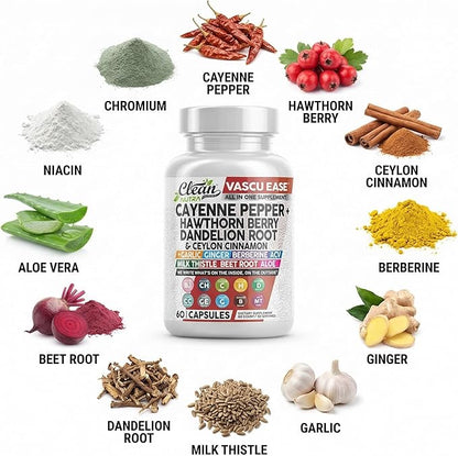 Clean Nutra Cayenne Pepper Capsules Supplement with Hawthorn Berry, Dandelion Root, Ceylon Cinnamon, Garlic, Ginger, Berberine, Apple Cider Vinegar, Milk Thistle, Beet Root, Aloe Vera Pills & More