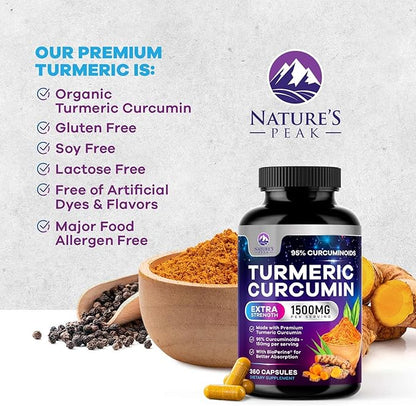 Turmeric Curcumin Supplement - 1350mg Organic Turmeric Per Serving - 95% Curcuminoids & BioPerine Black Pepper Extract for Best Absorption - Natural Vegan Joint Support, Bottled in USA - 360 Capsules