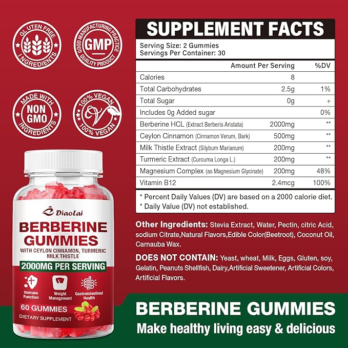 Berberine Gummies 2000mg - Natural Organic Berberine HCL Supplement - Vegan, Non-GMO, Gluten-Free - Delicious Raspberry Flavor - 120 Count
