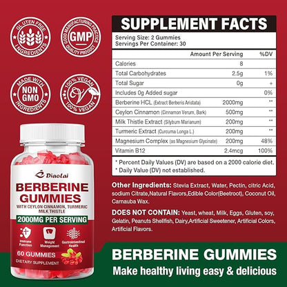 Berberine Gummies 2000mg - Natural Organic Berberine HCL Supplement - Vegan, Non-GMO, Gluten-Free - Delicious Raspberry Flavor - 120 Count